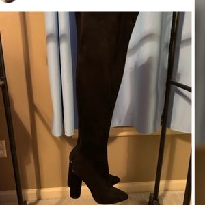 Black thigh high stretch suede boots